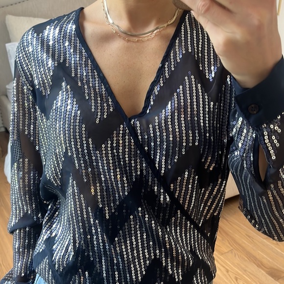 WAYF Sheer Sequin Navy Blue Wrap Top size medium - Picture 7 of 12